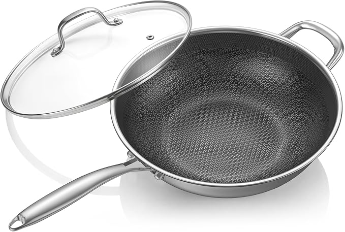12.5-Inch Hybrid Stainless Steel Wok Pan with Lid, Laser-Textured Nonstick Stir Fry Pan, PFOA-Free, Induction Compatible, Oven & Dishwasher Safe for All Cooktops