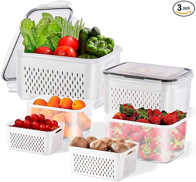 3pcs 4 in 1 Fruit Storage Containers for Fridge with Removable Colanders | Airtight, stackable, keeps food fresh. Dishwasher safe. Berry, vegetable, produce basket, strainer, refrigerator keeper