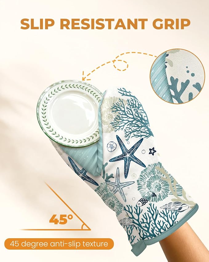 100% Thick Cotton Mini Oven Mitts Silicone Grip Blue Ocean | Girly Cute Oven Mitts for Women, Machine Washable, Non-Slip, Reversible Design Fits Both Hands, Stylish Kitchen Decor