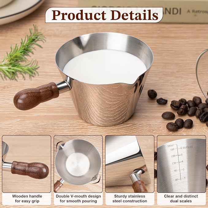 Amrules 6.8oz Espresso Measuring Cup with Wood Handle & Double Spout,Silver | 18/8 Stainless Steel & Wood Handle, V-Shaped Spout for Precision Pouring, Clear Scale Markings, for Coffee, Milk, Tea & Syrup
