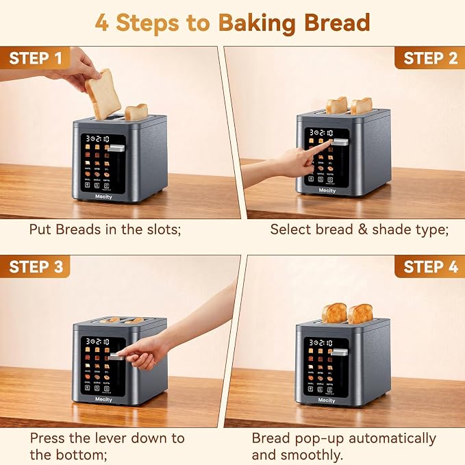 Mecity 2 Slice Toaster Smart Touchscreen, Stainless Steel Wide Slot Toasters Defrost, Reheat, Memory Function, Auto Shutoff, Digital Electric Bread Toaster for Bagel Muffin Waffle, 120V