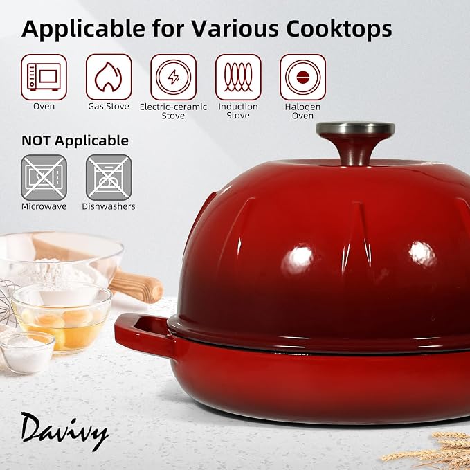 Davivy Enameled Cast Iron Sourdough Dutch Oven, 5QT Dutch Oven for Sourdough Bread, Round Cast Iron Bread Pan Bread Cloche - Cherry Red