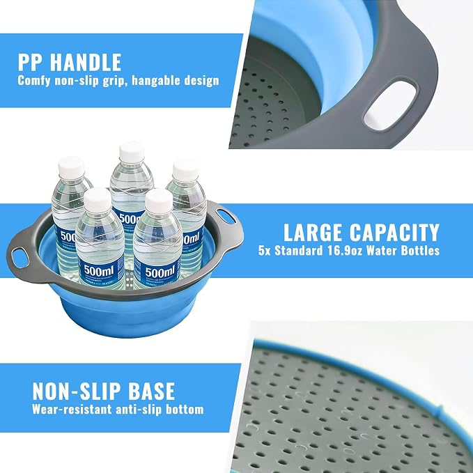 2 Pack Collapsible Silicone Colander with Handle, Over Sink Foldable Food Strainer, BPA-Free Space Saving Drain Basket for Vegetables, Fruits, Pasta, Kitchen & Camping (Blue)