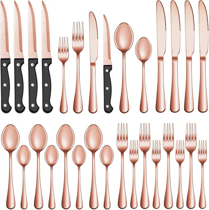 36 Pcs Rose Gold Silverware Set with Steak Knives, Stainless Steel Flatware Cutlery Set for 6, Kitchen Tableware Sets, Utensil Sets for Home and Restaurant, Dishwasher Safe