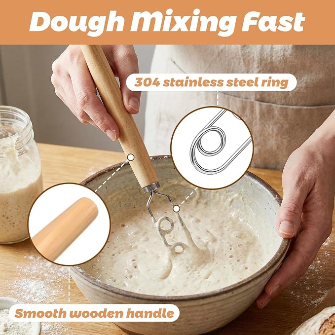 Zhehao 2 Pcs 13 Inch Sourdough Starter Stirring Hook Danish Dough Whisk Wooden Dutch Mixer Hand Utensil with Stainless Steel Dough Hook for Bread, Pizza, Pastry, Cake Batter Making Tool