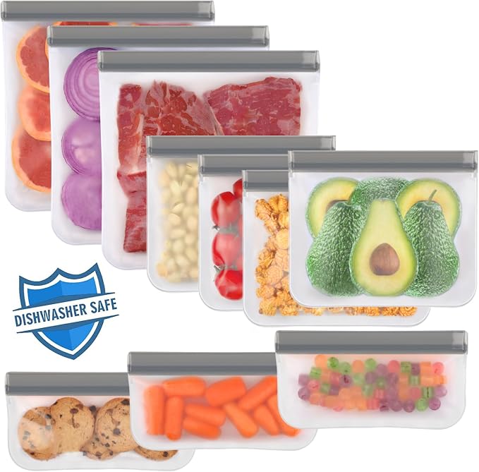 Lerine 10 Pack Reusable Freezer Bags Dishwasher Safe, Food Storage Bags | BPA-Free, Food-Grade Material, Leakproof, Extra Thick, Double-Seal, for Marinating Meats, Lunch, Sandwich, Snack, Travel