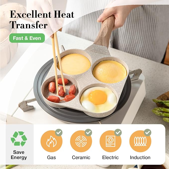 CAROTE Egg Pan Omelette Pan, 4-Cup Nonstick Granite, Cream White | Kitchen Non-Toxic PFOA Free Pancake Pan, Suitable for Gas Stove & Induction Cookware