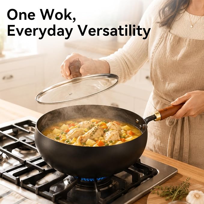 WANGYUANJI 9.5-Inch Carbon Steel Wok with Lid, Flat Bottom Stir Fry Pan | Deep 3.5 QT bowl for 1–2 servings; smooth carbon steel surface; flat base for induction, gas, electric and ceramic cooktops