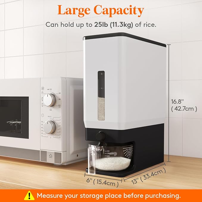 Lifewit Rice Dispenser 25 Lbs, Airtight Storage with Cup, 2 Pack Black | BPA-Free 11.3kg Capacity Storage Container for Beans, Corn & Other Small Grains, One-Press Dispensing Bin for Kitchen Pantry