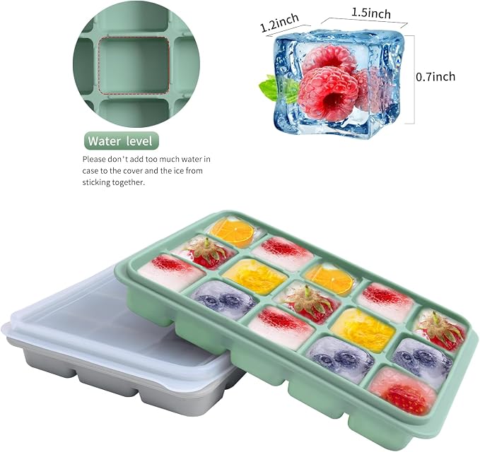 Tvmania Ice Cube Trays Set of 2, 15-Cube Silicone Molds with Removable Lids | Stackable, easy release, BPA-free, reusable, for freezer and whiskey