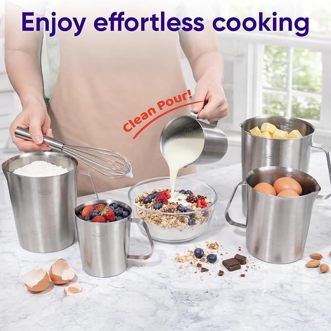Newness Stainless Steel Measuring Cup, Metal Measuring Cup with Handle (Upgraded, 3 Marking Including Cup/ML/Ounce Scale), 16 Ounces (0.5 Liter, 2 Cup)