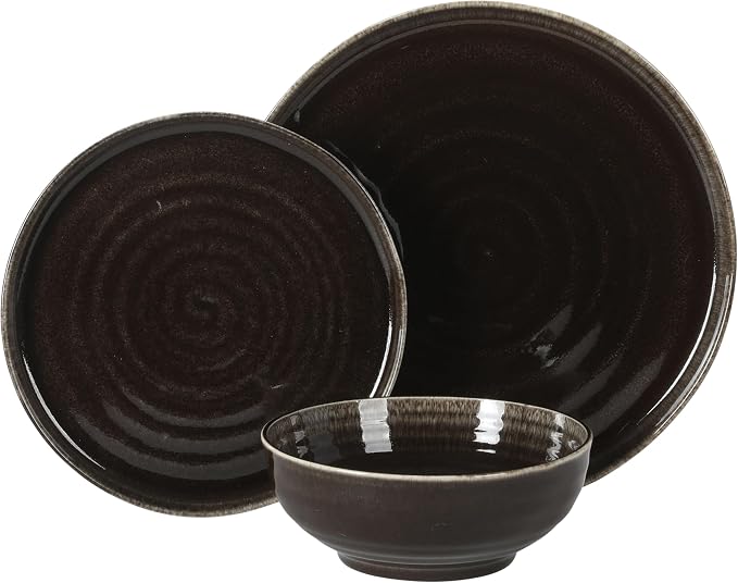 Gibson Elite Eclipse Swirls Plates and Bowls Sets, 12-Piece Stoneware Dinnerware Sets, Reactive Glaze Dish Set - Black