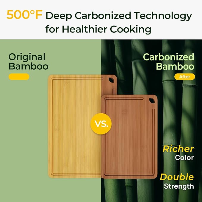 Keechee Carbonized Bamboo Cutting Board Set of 2, Wood Kitchen Boards | Non Toxic, Resisted-Cracking&Curling, Deep Juice Groove, Side Handles,Cross-Laminated Structure, Knife-Friendly