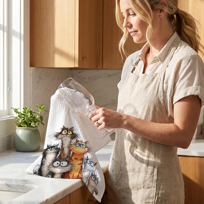 4 Pcs Cute Cat Kitchen Towels, Funny Cats Gifts Absorbent Hand Towels-04 | Cat Dish Cloths for Drying Dishes, Cats Waffle Dish Towels for Kitchen Home Bathroom Decor, Cat Lover Gifts for Women Mom