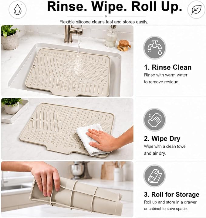 Silicone Dish Drying Mat with Drain Lip (Beige, 15.8inx13in) | Raised ridges elevate dishes and create space for water to move across the silicone surface.