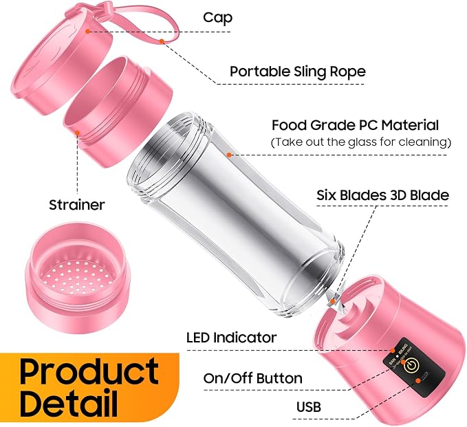 Personal Size Portable Blender Make Smoothies - Mini Blender 12oz Juice Cup | Powerful Blending with 6 Stainless Steel Blades, BAP-Free, Lightweight, Easy Clean,Suit in Travel/Office/Gym/Picnic/ Sports