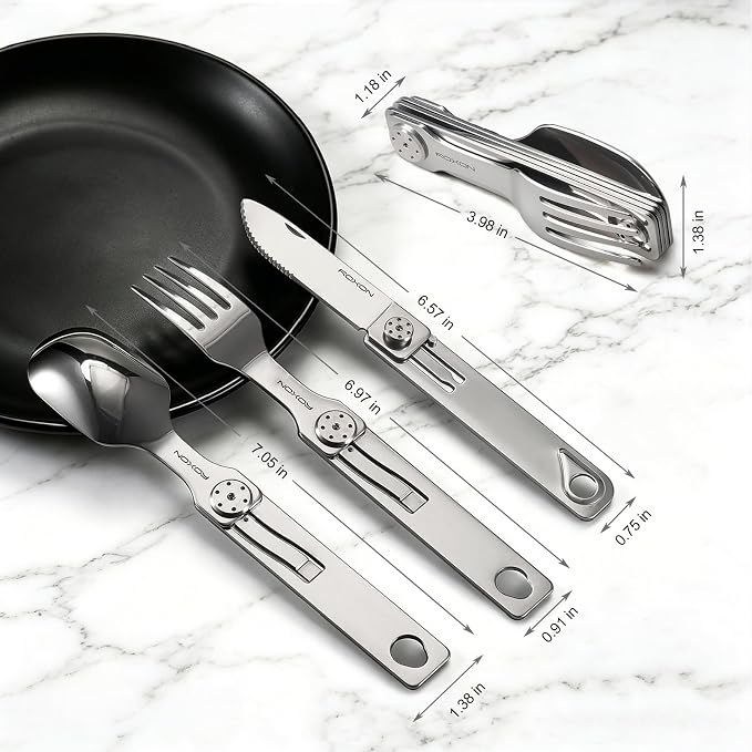 ROXON 3-in-1 Knife Spoons Fork Camping Utensils Set with Case | Magnetic Folding, Stainless Steel Cutlery, EDC Portable Lightweight Silverware,For Hiking Backpacking Travel Lunchbox Outdoor
