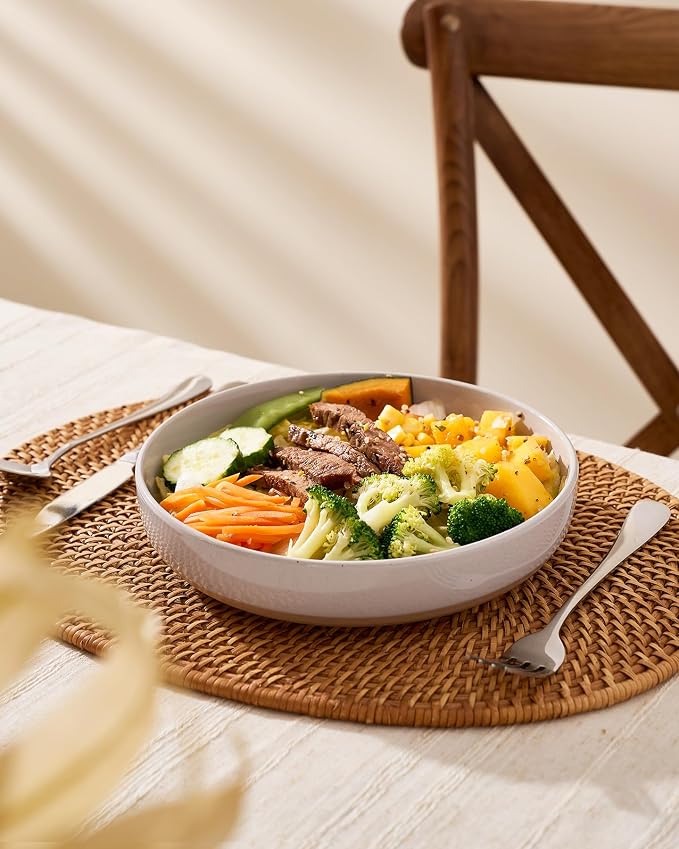 famiware Milkyway 33 oz Pasta Bowls Set of 8, Light Gray | Scratch-Resistant Stoneware Salad Bowls, Stackable, Dishwasher & Microwave Safe, Lead-Fre