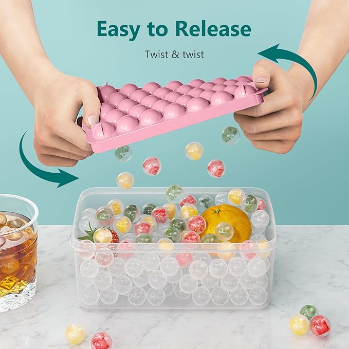 Optish 3 Pack Ice Trays for Freezer, 99 PCS Ice Cube Tray with Lid and Bin, Round Ice Cube Mold, Circle Ice Maker for Chilling Drinks (0.8 inch, Pink)