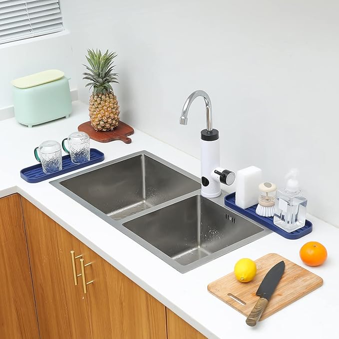 MicoYang Silicone Kitchen Sink Organizer Tray for Multiple Usage,Eco-Friendly Sponges Holder for Kitchen Bathroom Counter or Sink,Dish Soap Dispenser,Scrubber,Bottle,Cup (Navy Blue, 12"×4")
