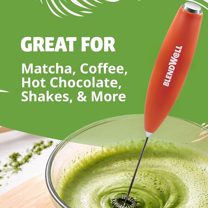 BlendWell Electric Milk Frother for Matcha and Coffee, Handheld Battery Operated Drink Mixer with Stand, Stainless Steel Whisk, Orange