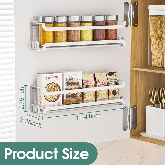 LUCYCAZ 2 Pack Wall Mounted Spice Rack for Spice Jars & Seasonings (White) | 8 Metal Hooks, Space-Saving,Screw or Adhesive Spice Shelf Hanging,for Kitchen Cabinet,Pantry Door,RV,Camper Spice Orgnaizer