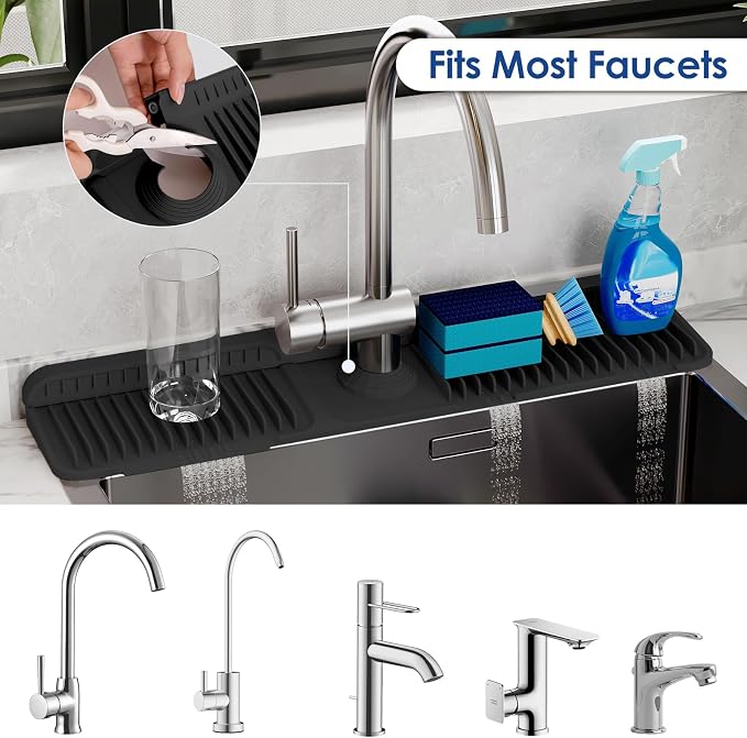 24-Inch Silicone Faucet Mat for Kitchen Sink Splash Guard, 7° Slope | 24"x5.5" water draining mat with fasten button; 1.6-2.75" customizable hole for bathroom, RV & kitchen sink drip catcher.