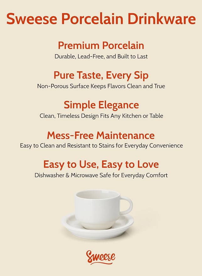 Sweese 2.5 Ounce Porcelain Stackable Espresso Cups with Saucers and Metal Stand Set of 4, White