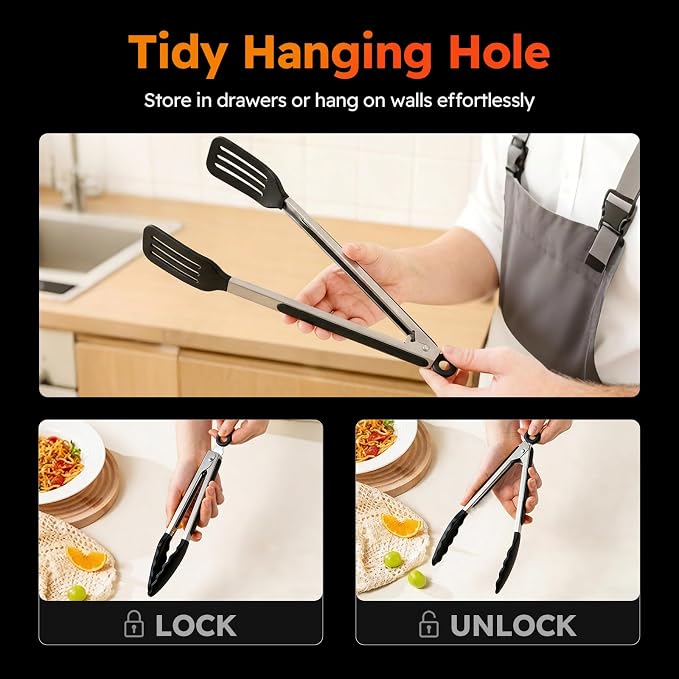 HST Tongs for Cooking with Silicone Tips(3 Pack), Non Stick Kitchen Tongs with Silicone Tip for Cooking BBQ Baking (12", Black)