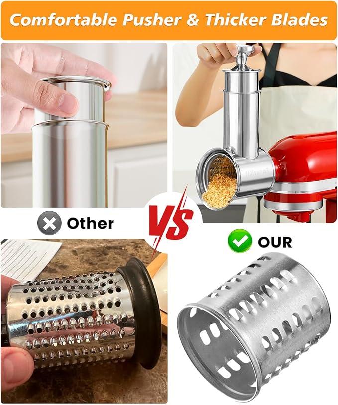 FavroKit Fresh Prep. Cheese Grater Attachment for KitchenAid Stand Mixers | Full Stainless Steel Slicer Shredder,60mm Feed Tube,Ergonomic Pusher,Dishwasher Safe Salad Maker Accessories,4 Thick Blades