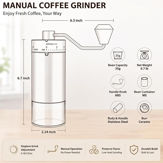Mini Manual Coffee Grinder with 40 External Adjustable Settings | Ceramic Conical Burr, Stainless Steel Body, 35g Capacity, for Espresso, Pour Over, French Press, Home, Camping, Travel & Gift
