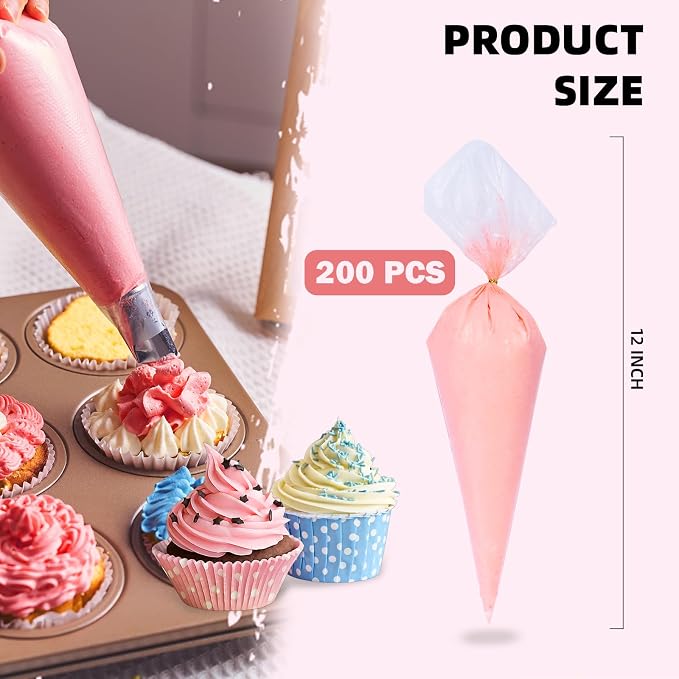Homrelaxy 200 Pcs 12 Inch Tipless Piping Bags, Disposable Pastry Bags | Thick Plastic Pastry Bags for Frosting, Anti-Burst Icing Bag for Decorating Cakes, Cupcakes, Cookies & Baking