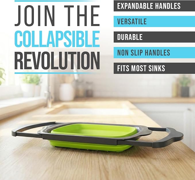Comfify Green XL Collapsible Silicone Over Sink Colander – 6 Quart | Green; extends 25" to span sink; both hands free; collapses flat; 6 Qt; heat resistant 176F; pasta, veg, fruit