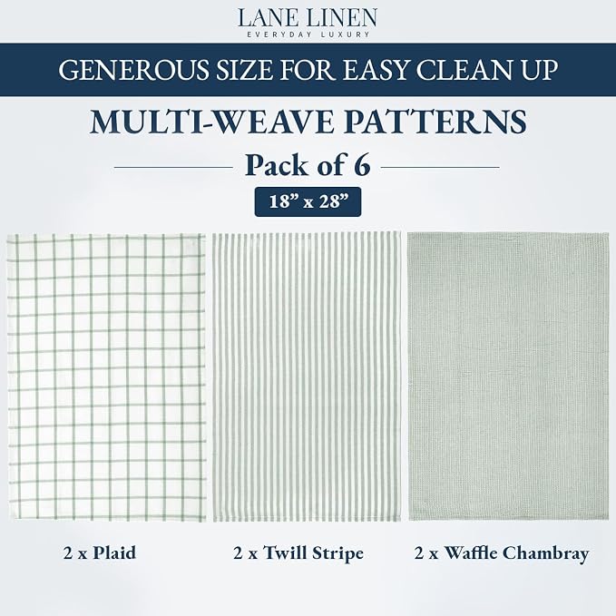 LANE LINEN Cotton Kitchen Towels Set, 6-Pack – Absorbent, Quick-Drying Dish Towels, 18" x 28", Premium Hand and Tea Towels - Olive