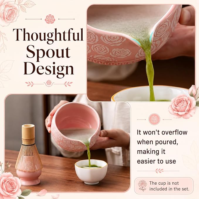 Buucup Matcha Whisk Set, Ceramic Matcha Kit with Bowl & Tools, Rose Pink | 7-piece set includes ceramic bowl, bamboo whisk, scoop, holder, rest, sifter and tea towel for home matcha preparation.