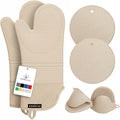 RORECAY Silicone Oven Mitts and Pot Holders Sets, Gloves for Kitchen, Beige | Set of 6 Kitchen Mitts for Baking & Cooking, Heat Resistant 500 ℉, 15" Extra Long, Non-Slip & Waterproof, Quilted Cotton