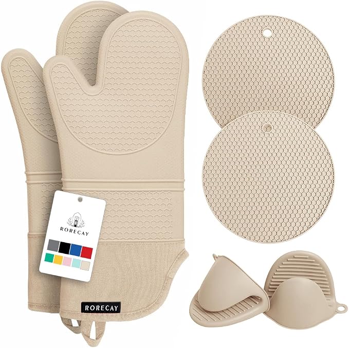 RORECAY Silicone Oven Mitts and Pot Holders Sets, Gloves for Kitchen, Beige | Set of 6 Kitchen Mitts for Baking & Cooking, Heat Resistant 500 ℉, 15" Extra Long, Non-Slip & Waterproof, Quilted Cotton