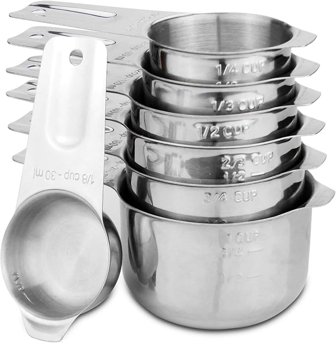 7-Piece 18/8 Stainless Steel Measuring Cups Set, Silver | Includes 1/16, 1/4, 1/3, 1/2, 2/3, 3/4 and 1 Cup, Engraved US and Metric Markings, Pour Spouts and Ring Connector