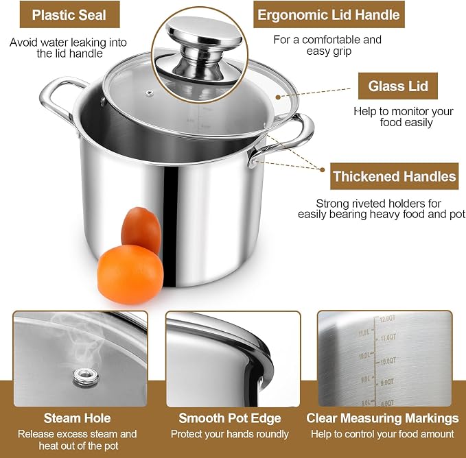 P&P CHEF 12 Quart Tri-Ply Stainless Steel Stock Pot, Cooking Pot with Lid | 12 Qt Stockpot for Soup Pasta Vegetable, Induction Cookware for All Stoves, Sturdy & Double Handle, Oven & Dishwasher Safe
