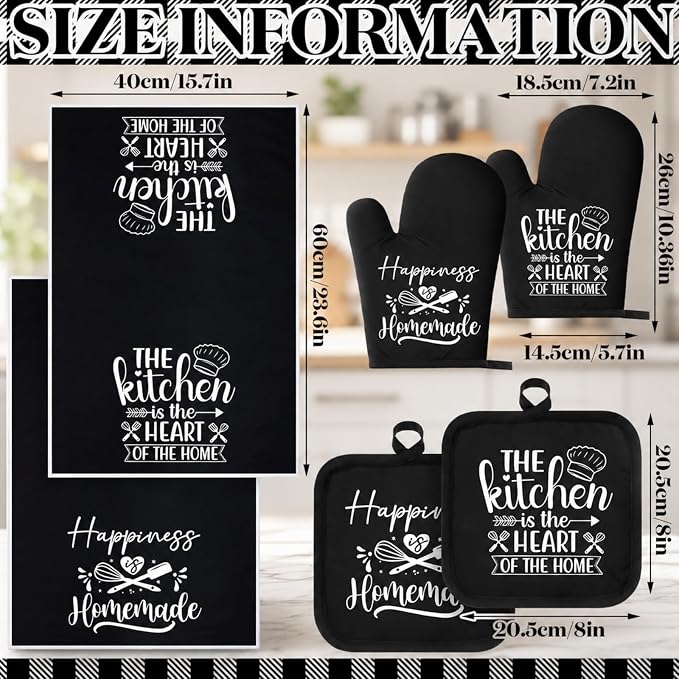 Sratte 6 Pcs Kitchen Decor Accessories Set, Kitchen, Black | Farmhouse Kitchen Towels Pot Holders Oven Mitts Set 2 Dish Towels 2 Potholders 2 Cooking Mittens for Baking Cooking Supply