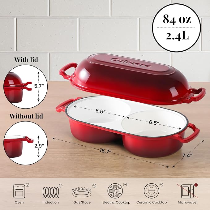 Cast Iron Bread Pan with Lid, Mini Enamel Sourdough Baking Dutch Oven Pot, Double Round Loaf Space for Homemade, Bread, Cake, Meatloaf, 16.5cm Diameter, 500°F Oven Safe, Non Stick, Red