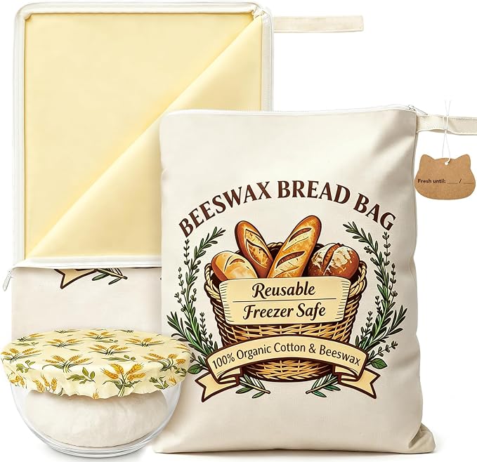 Beeswax Zipper Bread Bags XL Reusable 2 Packs With 1 Cover & 6 Paper Tags | Beeswax Bread Bags with Zipper Seal – Extra Large 13"x17", Reusable, Breathable Cotton Linen Sourdough Bags