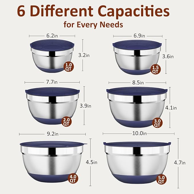 9 Pack Mixing Bowls with Airtight Lids & Grater Attachments, Navy | Stainless Steel Bowl, Non-slip Bases, Nesting Kitchen Bowl, Size 5, 4, 3, 2, 1.5,1QT,for Food Prep, Baking, Storage & Serving