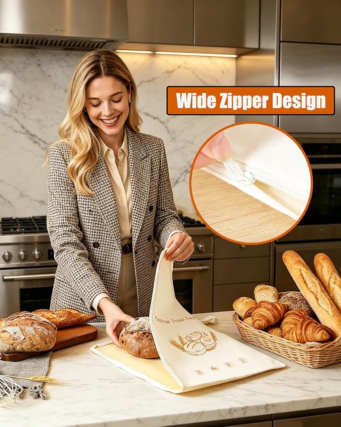 Reusable Beeswax Bread Bags for Homemade&Sourdough, 17"x13", 2 Pack | Organic Linen Beeswax Bag with Wide Zipper,Freezer-Friendly Storage for Bread,Washable Bread Bag,Keeps Loaves Fresh Longer