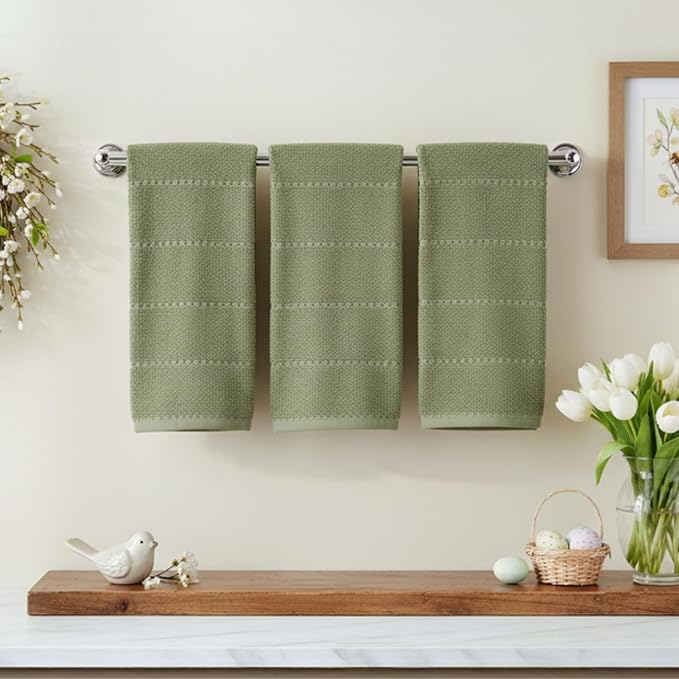 Dark Sage Green Kitchen Hand Dish Towels, Set of 3, 100% Cotton, 18" x 28" | Terry Loop Textured, Soft & Absorbent Cleaning Cloth, Quick Dry, Multipurpose for Everyday Use