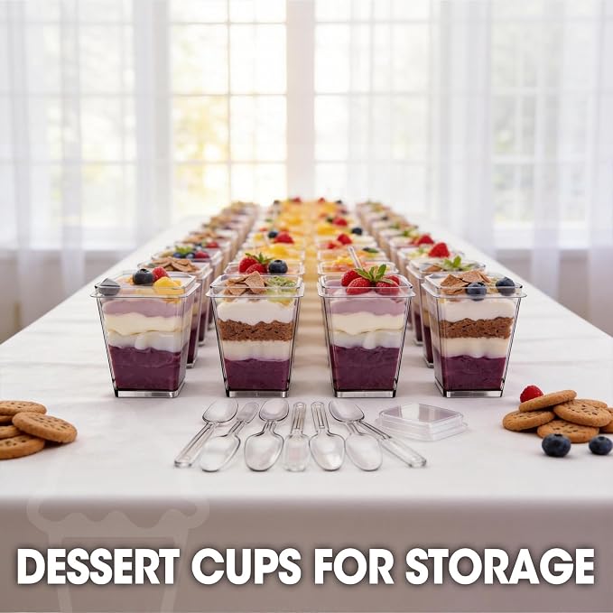 150 Set 5 oz Plastic Dessert Cups with Lids and Spoons, Yogurt Parfait Appetizer Cup with Lids for Party, Disposable Square Mini Dessert Shooters for Pudding, Fruit and Ice Cream