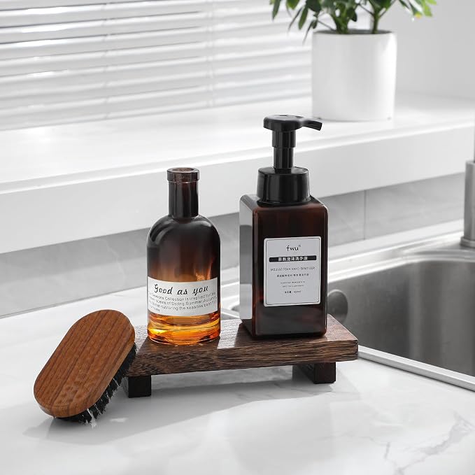 Wood Bathroom Tray Farmhouse Decor Kitchen Soap Holder 8.7"x3.6" Dark Brown | Waterproof, Lightweight, Easy Clean, Small Wooden Riser Pedestal Stand Accessories for Office Desk, Vanity, Counter, Sink