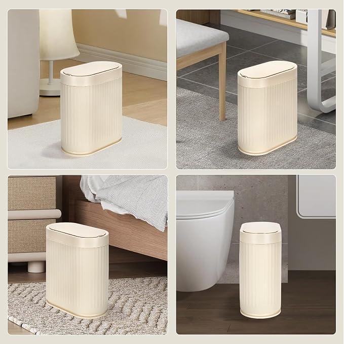 ELPHECO Bathroom Trash Can with Lid,Slim Smart Garbage Can 2 Gallon Beige | Plastic Wastebasket, Narrow Garbage Bin, Waterproof Bathroom Decor for Bedroom