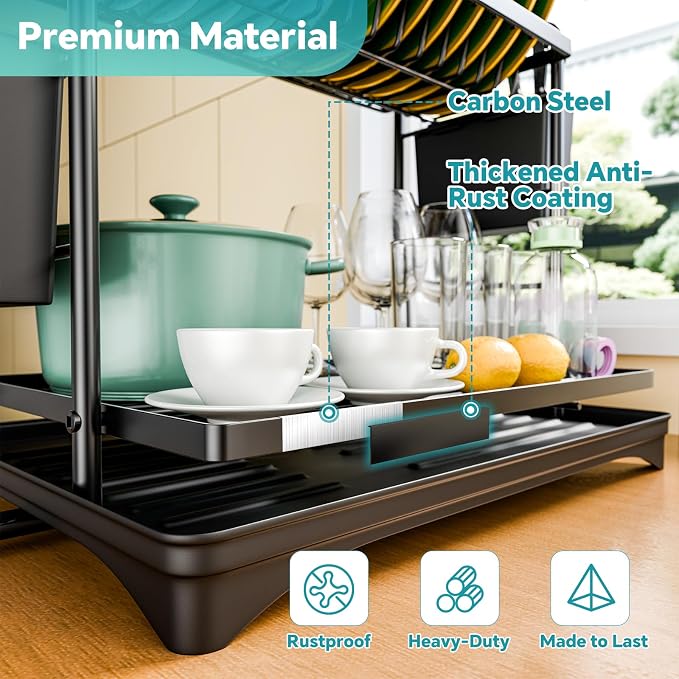 Simple Trending Dish Rack, Dish Drying Rack 2 Tier, Stainless Steel Dish Drainers with Utensil Holder and Drainboard for Kitchen Sink Organizers, 11.875" W x 16.625" D, Black