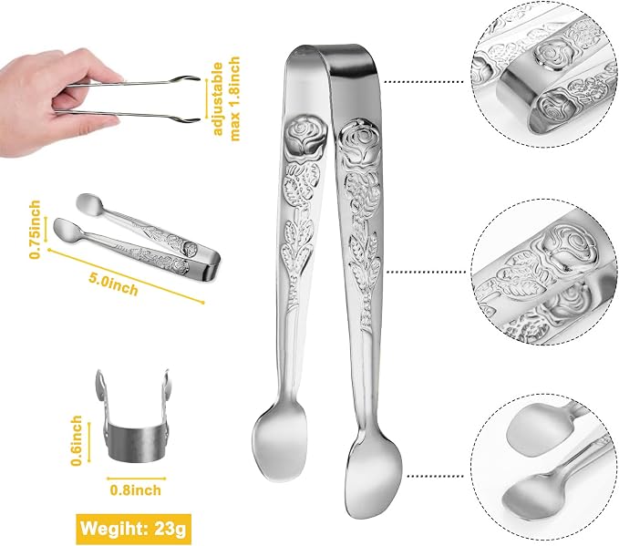 HINMAY 6PCS Mini Serving Tongs 5-Inch Small Sugar Tongs (Silver) | Tiny Stainless Steel Kitchen Tong for Appetizers, Tea Party, Coffee Bar, Desserts